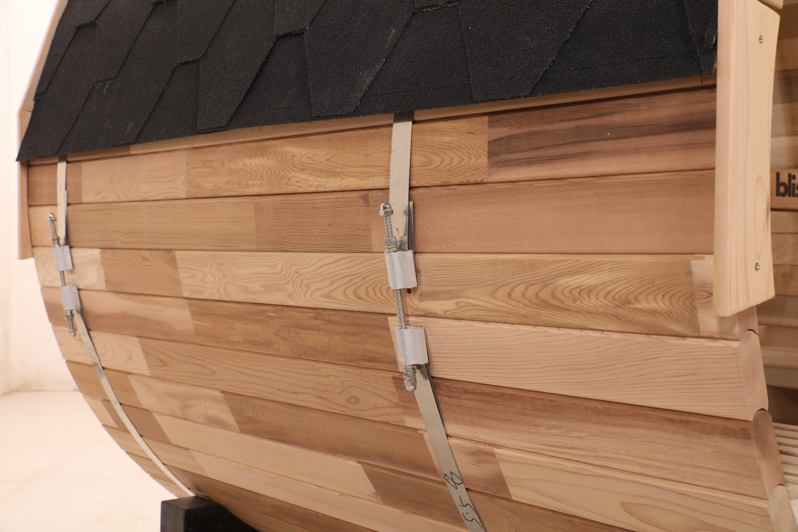 Canadian Red Cedar Barrel Sauna - Prague Model - 2-4 or 4-6 Person Outdoor Steam Sauna with Full Glass Back and Front Porch Seats