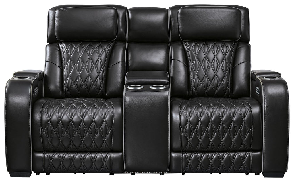Boyington Power Reclining Loveseat with Console and Adjustable Headrests | Diamond-Stitched Upholstery