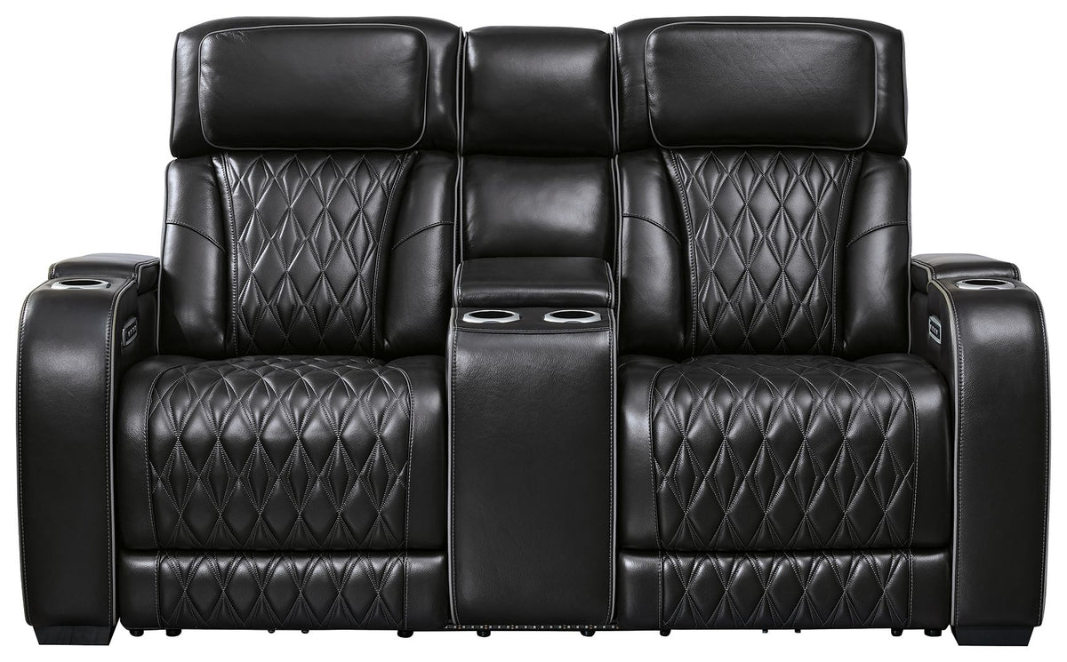 Boyington Power Reclining Loveseat with Console and Adjustable Headrests | Diamond-Stitched Upholstery