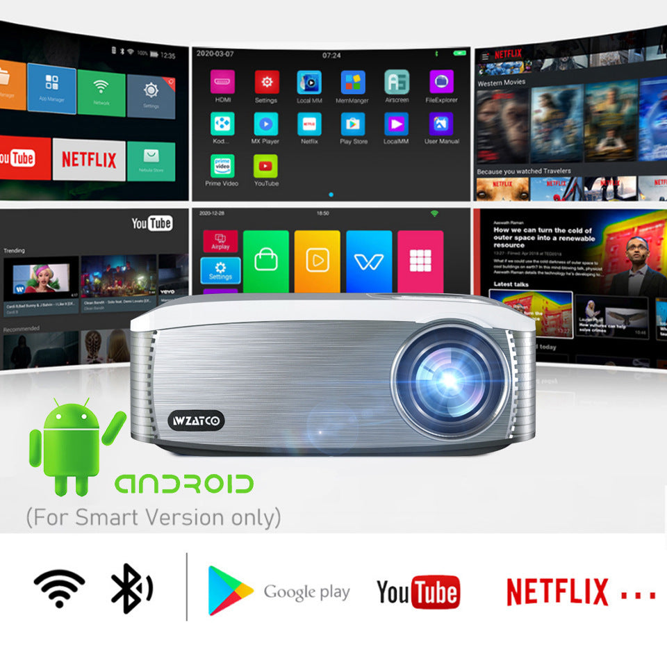 Smart Android HD 1080P 4K-Support Home & School Projector | 7000 Lumens | 80"–300" Display | Electric Focus | Ceiling Mount