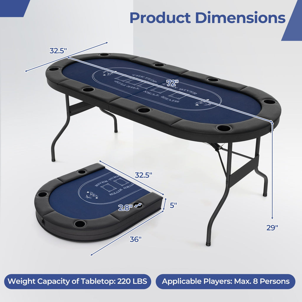 72" Foldable Oval Poker Table for 8 Players | PU Leather Armrests | Casino Felt Surface | Portable