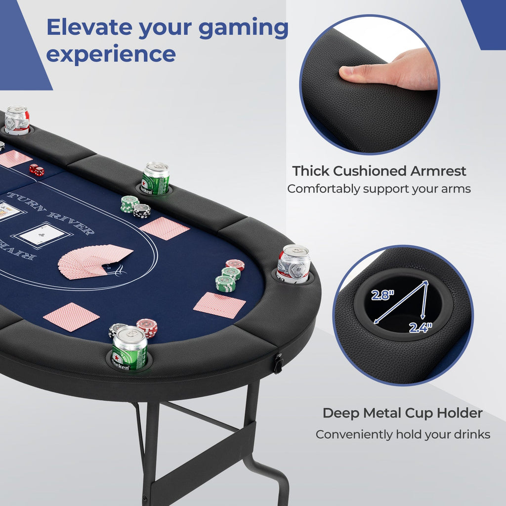 72" Foldable Oval Poker Table for 8 Players | PU Leather Armrests | Casino Felt Surface | Portable