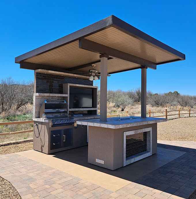 KoKoMo Baja Modular Outdoor Kitchen | 12x12 Patio Cover | Built-In Grill, Fridge & Bar Seating