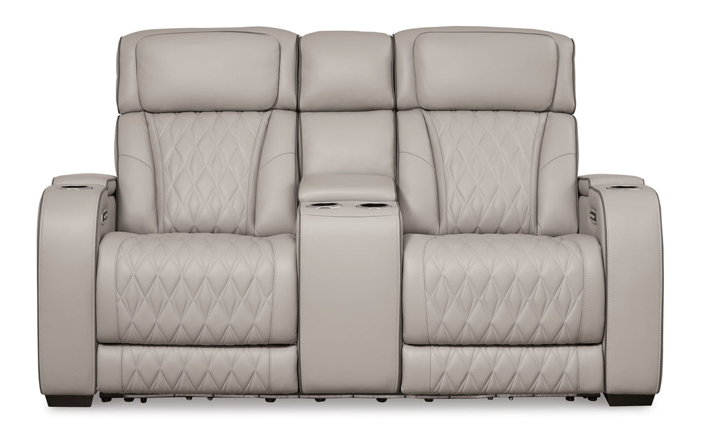 Boyington Power Reclining Loveseat with Console and Adjustable Headrests | Diamond-Stitched Upholstery
