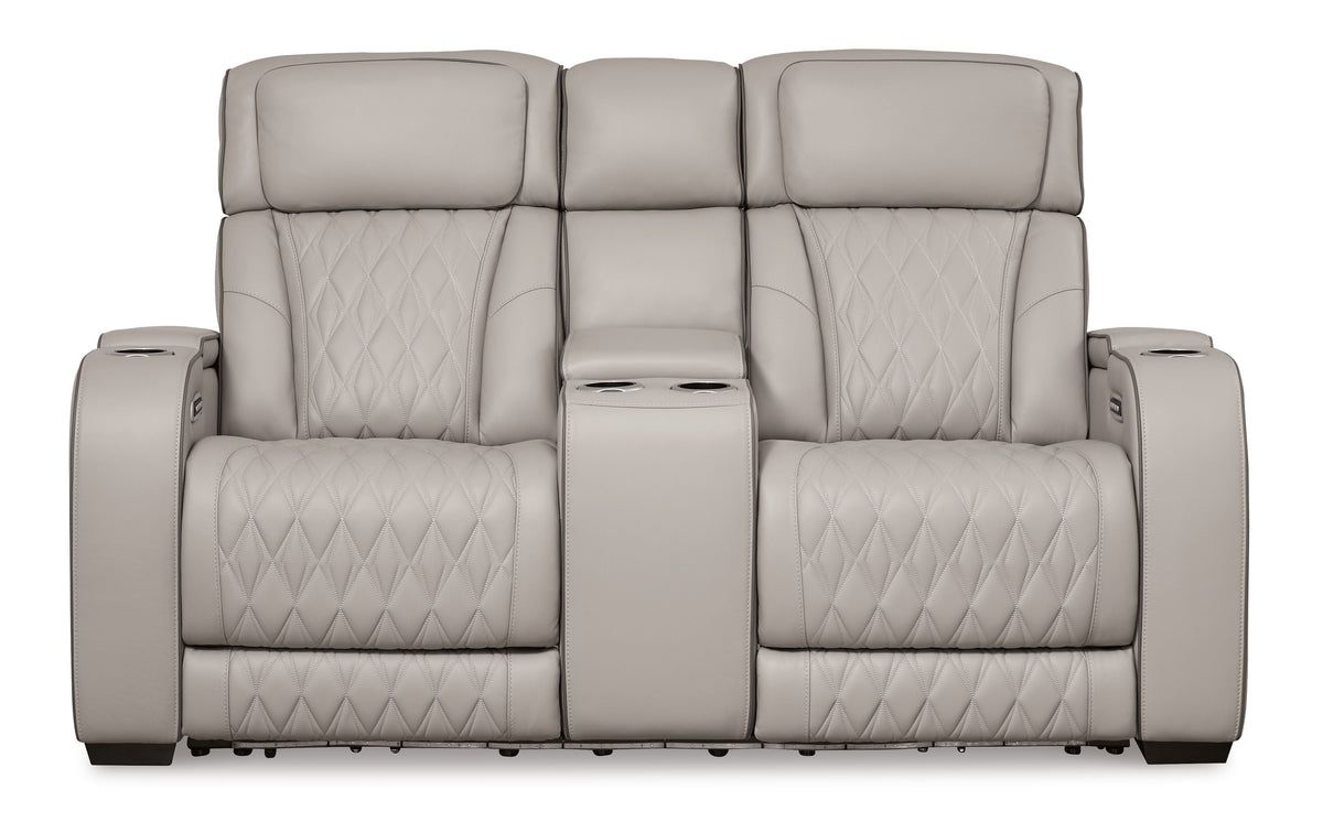 Boyington Power Reclining Loveseat with Console and Adjustable Headrests | Diamond-Stitched Upholstery