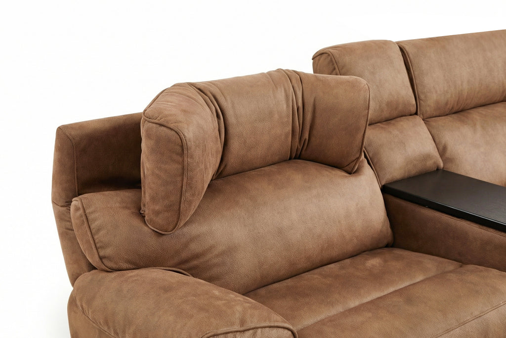 MaxView Media 6-Piece Power Reclining Sectional Sofa with Integrated Sound System | Mocha Faux Leather