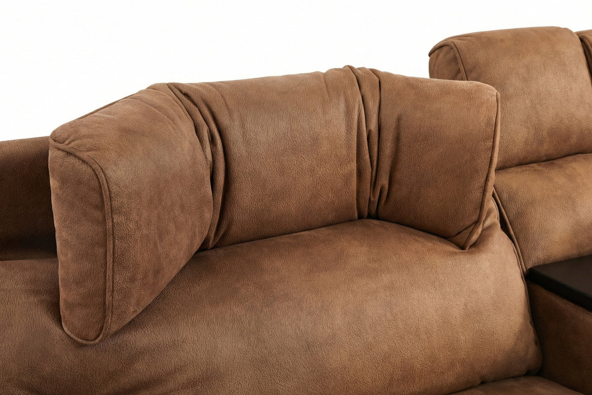 MaxView Media 6-Piece Power Reclining Sectional Sofa with Integrated Sound System | Mocha Faux Leather