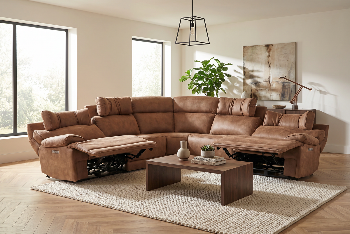 MaxView Media 6-Piece Power Reclining Sectional Sofa with Integrated Sound System | Mocha Faux Leather