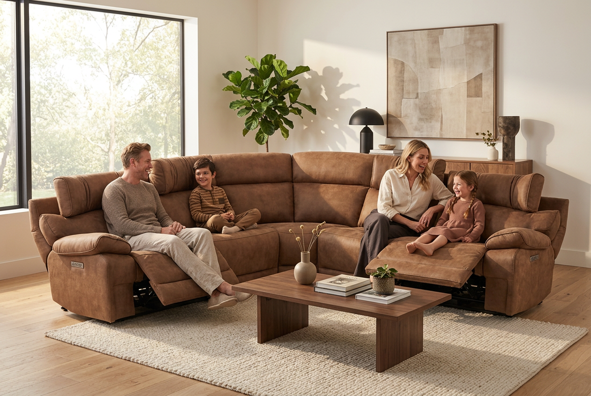 MaxView Media 6-Piece Power Reclining Sectional Sofa with Integrated Sound System | Mocha Faux Leather