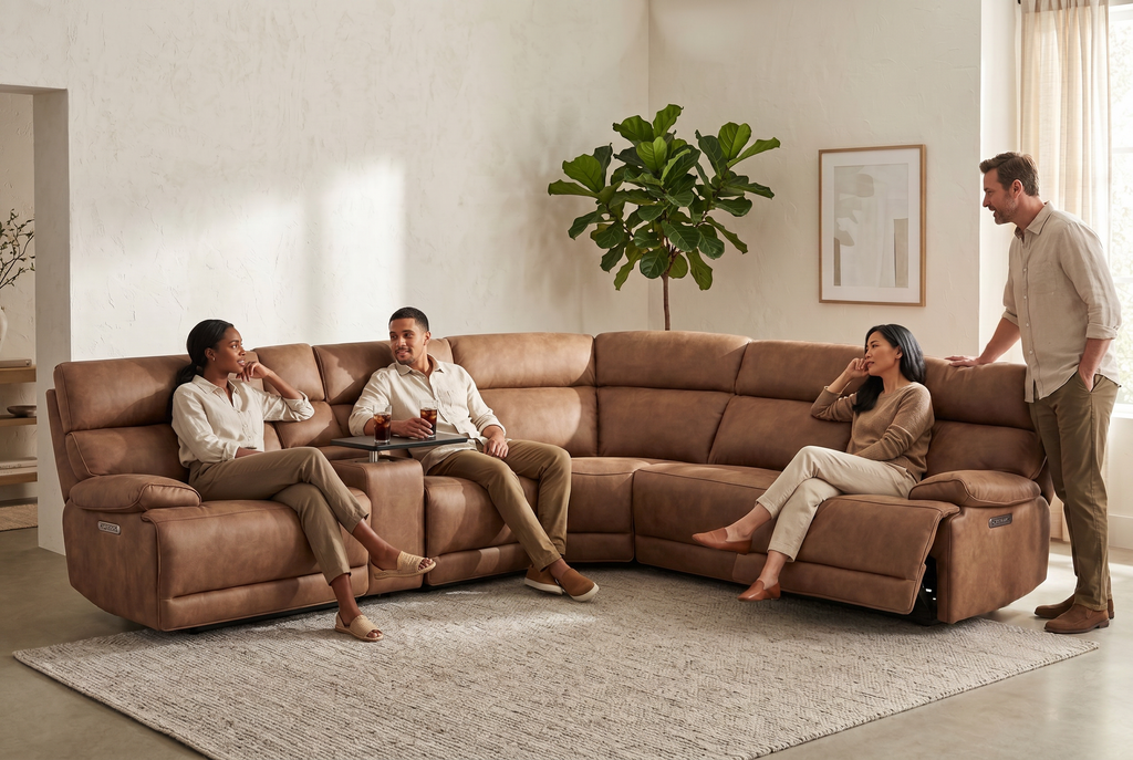 MaxView Media 6-Piece Power Reclining Sectional Sofa with Integrated Sound System | Mocha Faux Leather