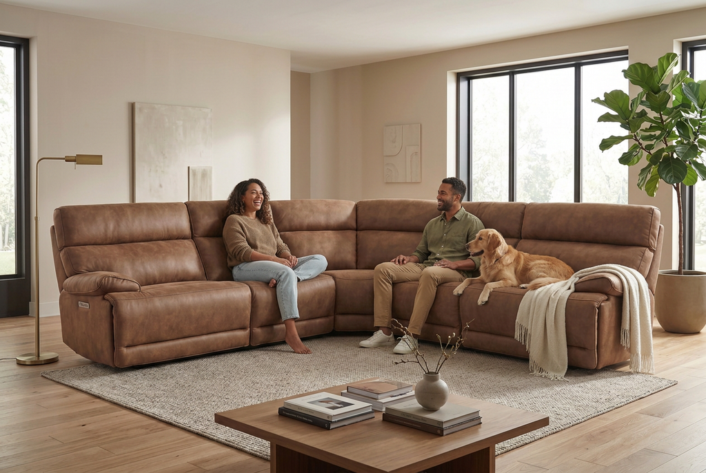 MaxView Media 6-Piece Power Reclining Sectional Sofa with Integrated Sound System | Mocha Faux Leather