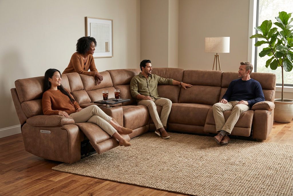 MaxView Media 6-Piece Power Reclining Sectional Sofa with Integrated Sound System | Mocha Faux Leather