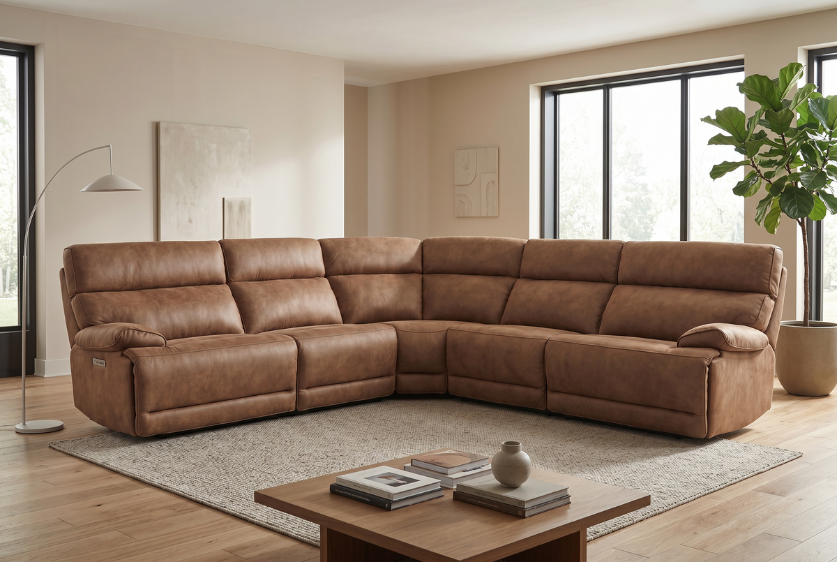 MaxView Media 6-Piece Power Reclining Sectional Sofa with Integrated Sound System | Mocha Faux Leather
