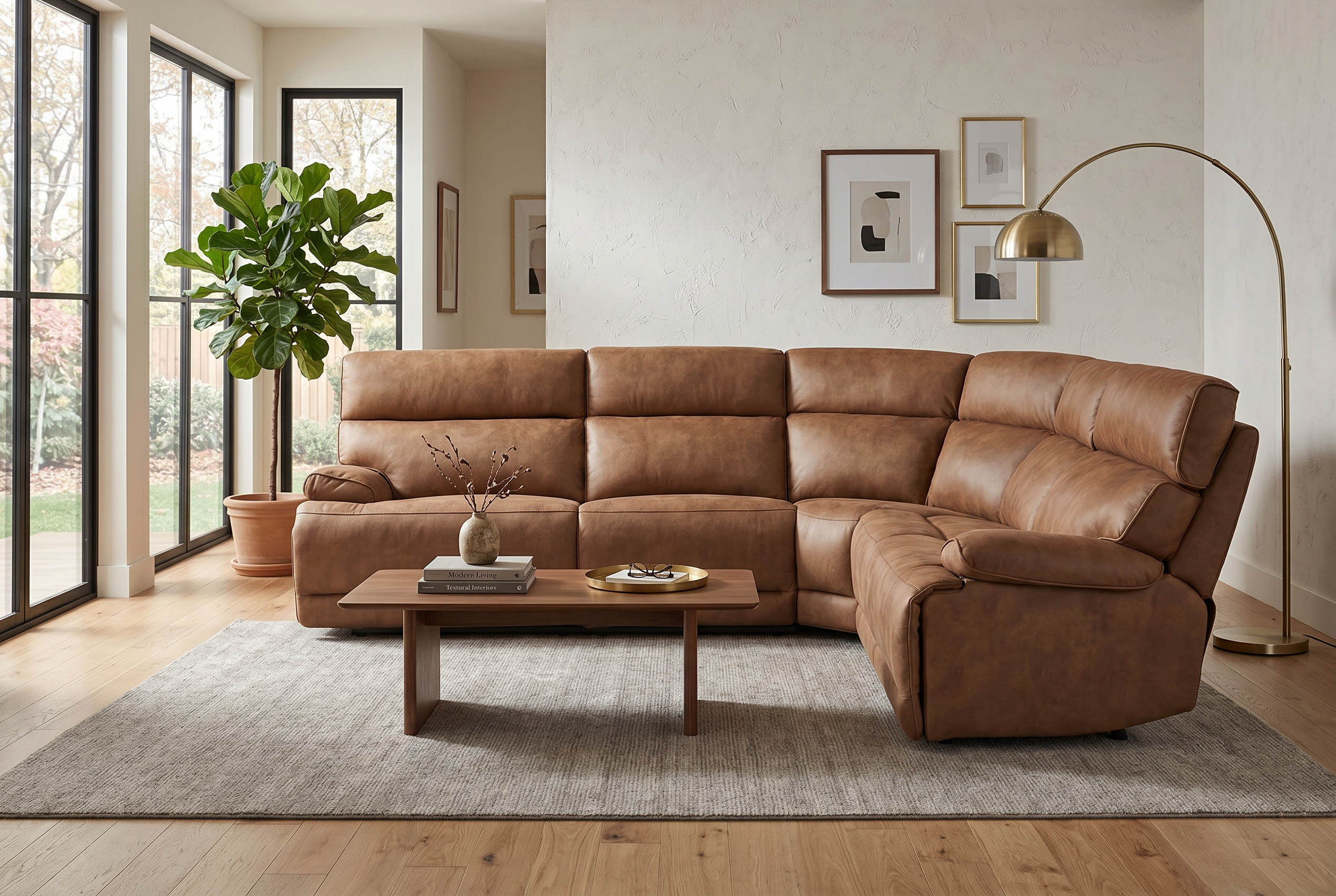 MaxView Media 6-Piece Power Reclining Sectional Sofa with Integrated Sound System | Mocha Faux Leather