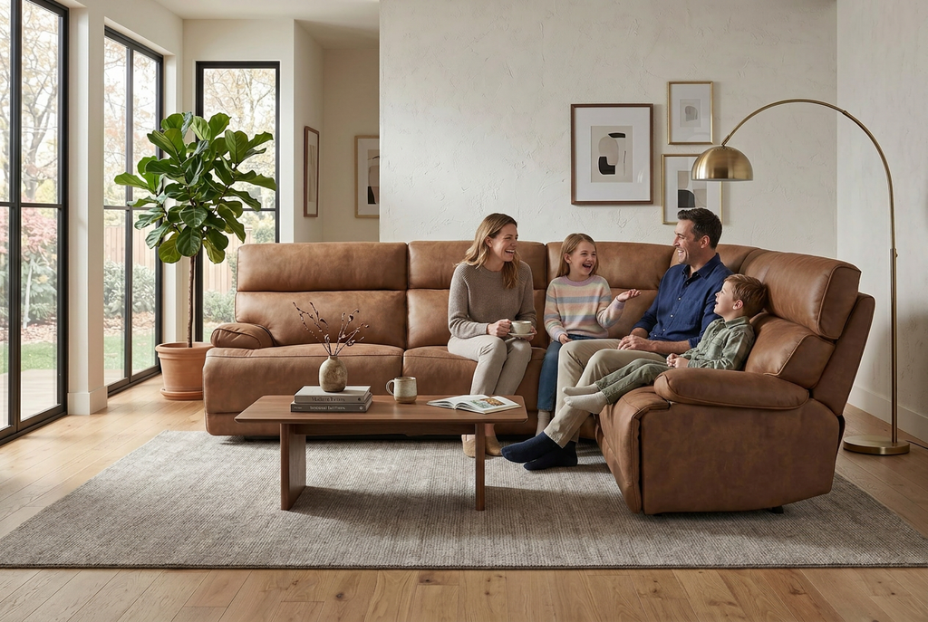 MaxView Media 6-Piece Power Reclining Sectional Sofa with Integrated Sound System | Mocha Faux Leather
