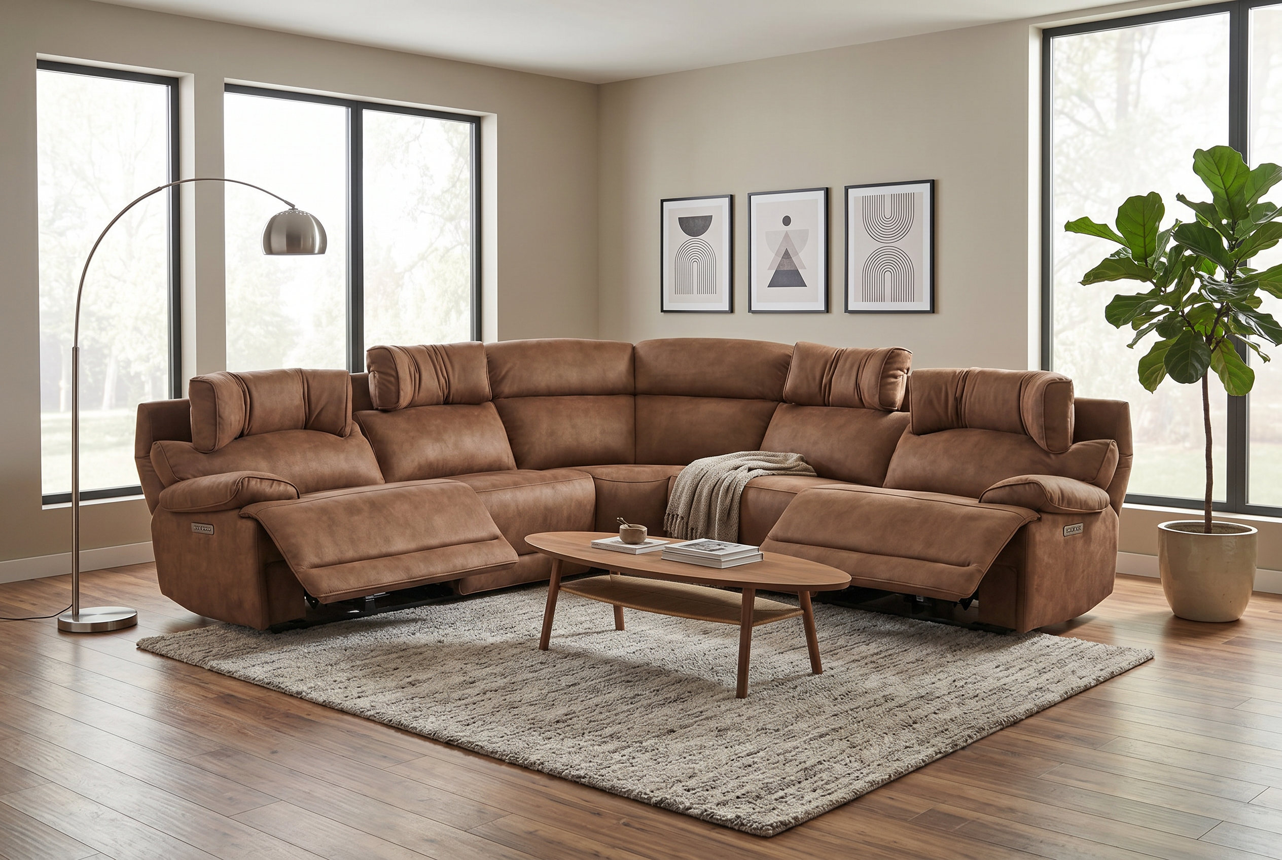 MaxView Media 6-Piece Power Reclining Sectional Sofa with Integrated Sound System | Mocha Faux Leather