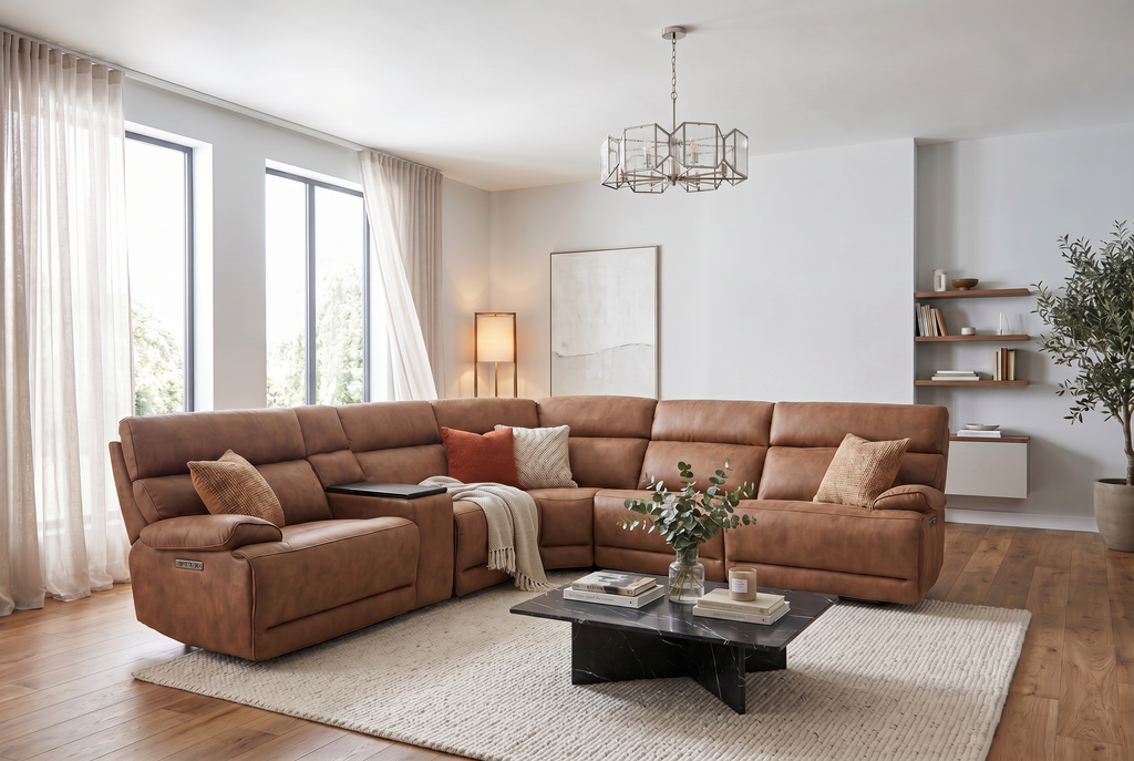 MaxView Media 6-Piece Power Reclining Sectional Sofa with Integrated Sound System | Mocha Faux Leather