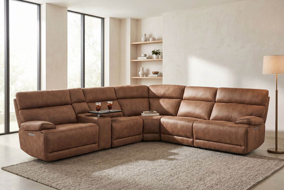 MaxView Media 6-Piece Power Reclining Sectional Sofa with Integrated Sound System | Mocha Faux Leather