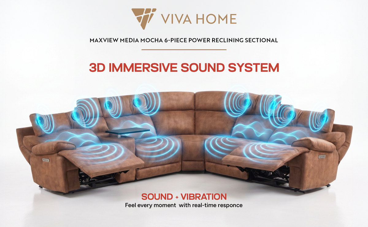 MaxView Media 6-Piece Power Reclining Sectional Sofa with Integrated Sound System | Mocha Faux Leather