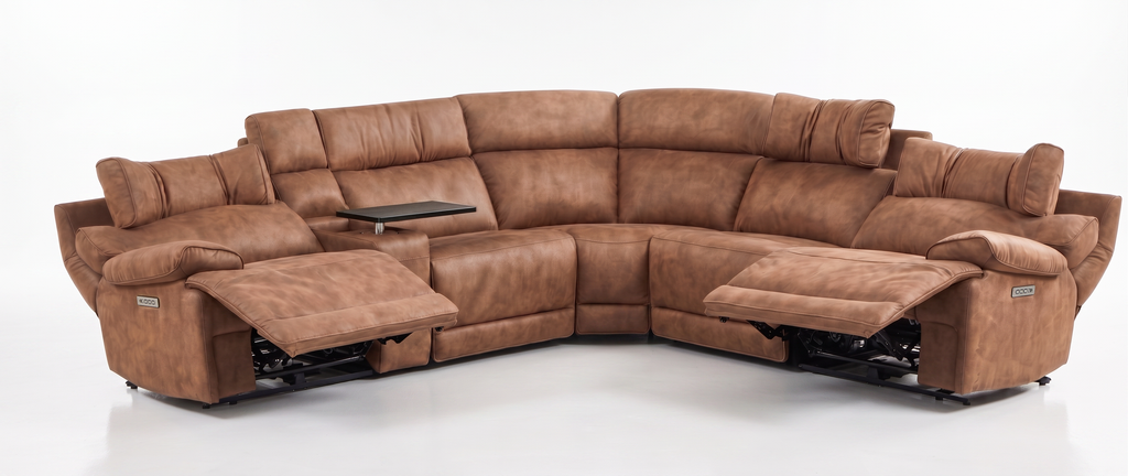 MaxView Media 6-Piece Power Reclining Sectional Sofa with Integrated Sound System | Mocha Faux Leather