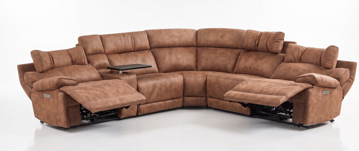 MaxView Media 6-Piece Power Reclining Sectional Sofa with Integrated Sound System | Mocha Faux Leather