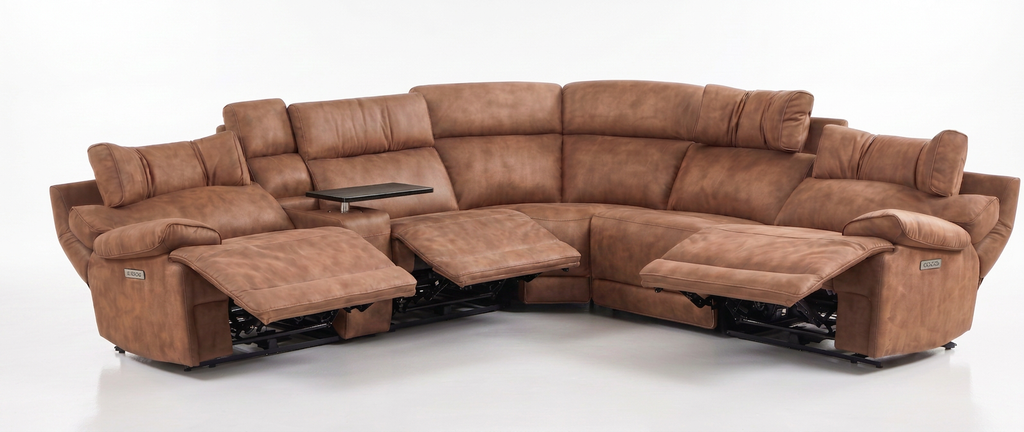 MaxView Media 6-Piece Power Reclining Sectional Sofa with Integrated Sound System | Mocha Faux Leather