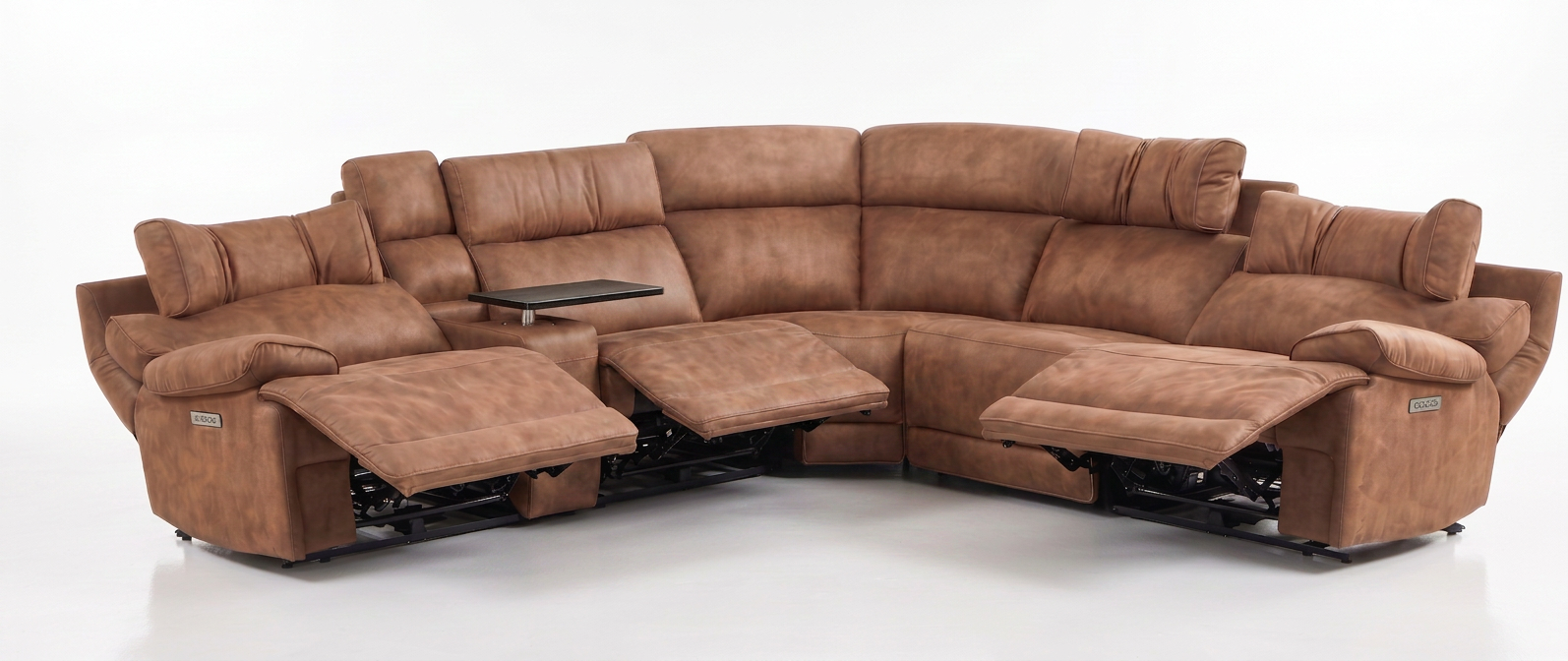 MaxView Media 6-Piece Power Reclining Sectional Sofa with Integrated Sound System | Mocha Faux Leather
