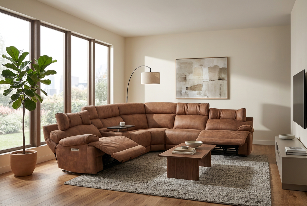 MaxView Media 6-Piece Power Reclining Sectional Sofa with Integrated Sound System | Mocha Faux Leather