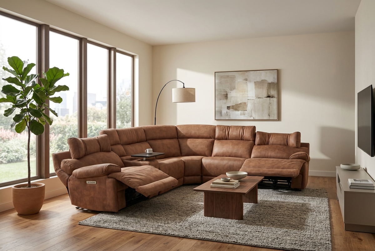 MaxView Media 6-Piece Power Reclining Sectional Sofa with Integrated Sound System | Mocha Faux Leather