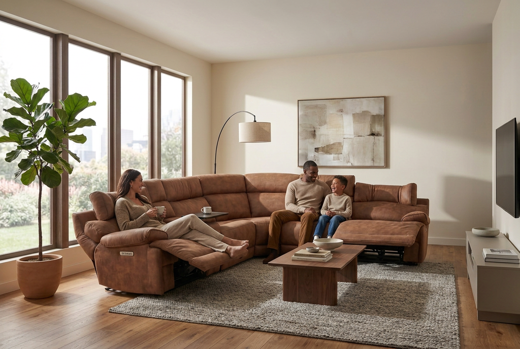 MaxView Media 6-Piece Power Reclining Sectional Sofa with Integrated Sound System | Mocha Faux Leather