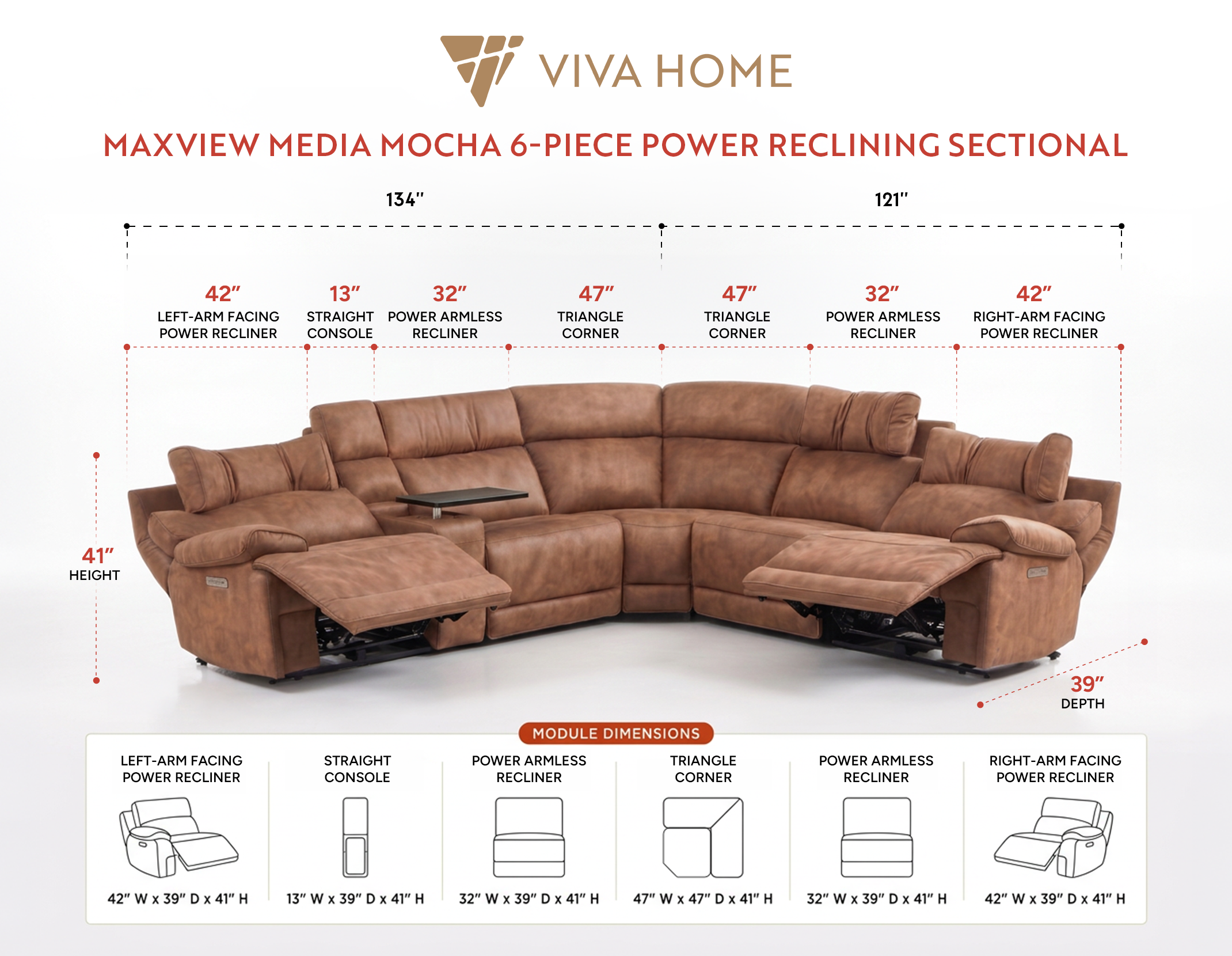 MaxView Media 6-Piece Power Reclining Sectional Sofa with Integrated Sound System | Mocha Faux Leather