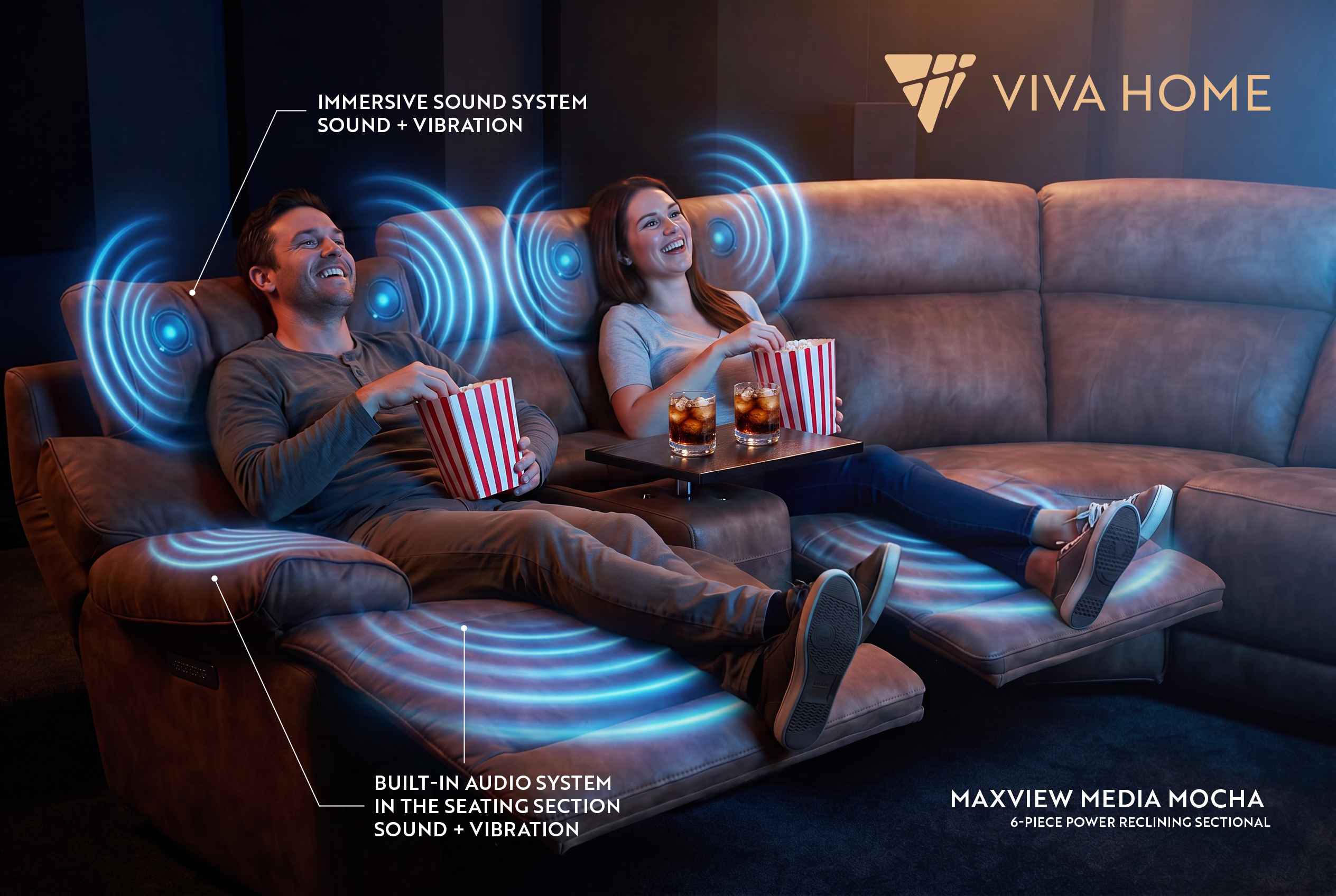 MaxView Media 6-Piece Power Reclining Sectional Sofa with Integrated Sound System | Mocha Faux Leather