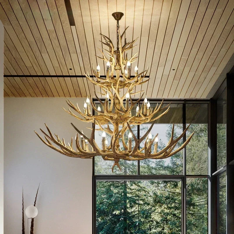 DecorBites Antler Deer Chandelier | Rustic Resin Hanging Lamp | LED Flush Mount for Living Room, Loft & Cabin Spaces