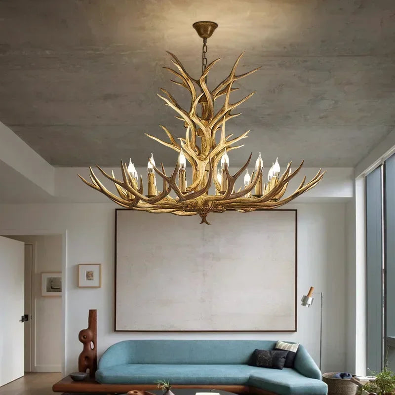 DecorBites Antler Deer Chandelier | Rustic Resin Hanging Lamp | LED Flush Mount for Living Room, Loft & Cabin Spaces