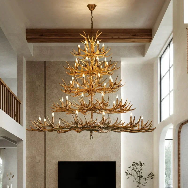DecorBites Antler Deer Chandelier | Rustic Resin Hanging Lamp | LED Flush Mount for Living Room, Loft & Cabin Spaces