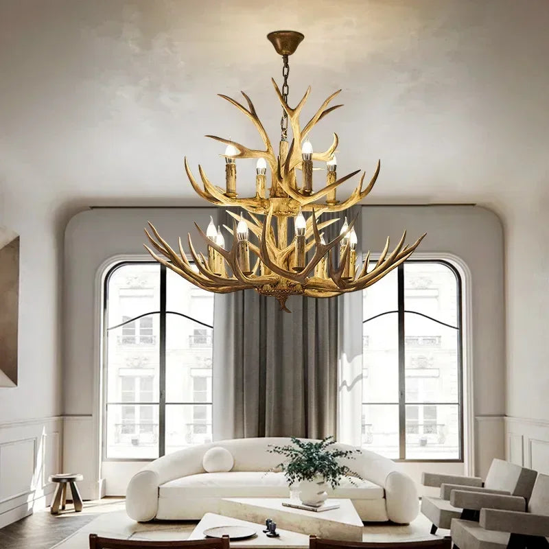 DecorBites Antler Deer Chandelier | Rustic Resin Hanging Lamp | LED Flush Mount for Living Room, Loft & Cabin Spaces