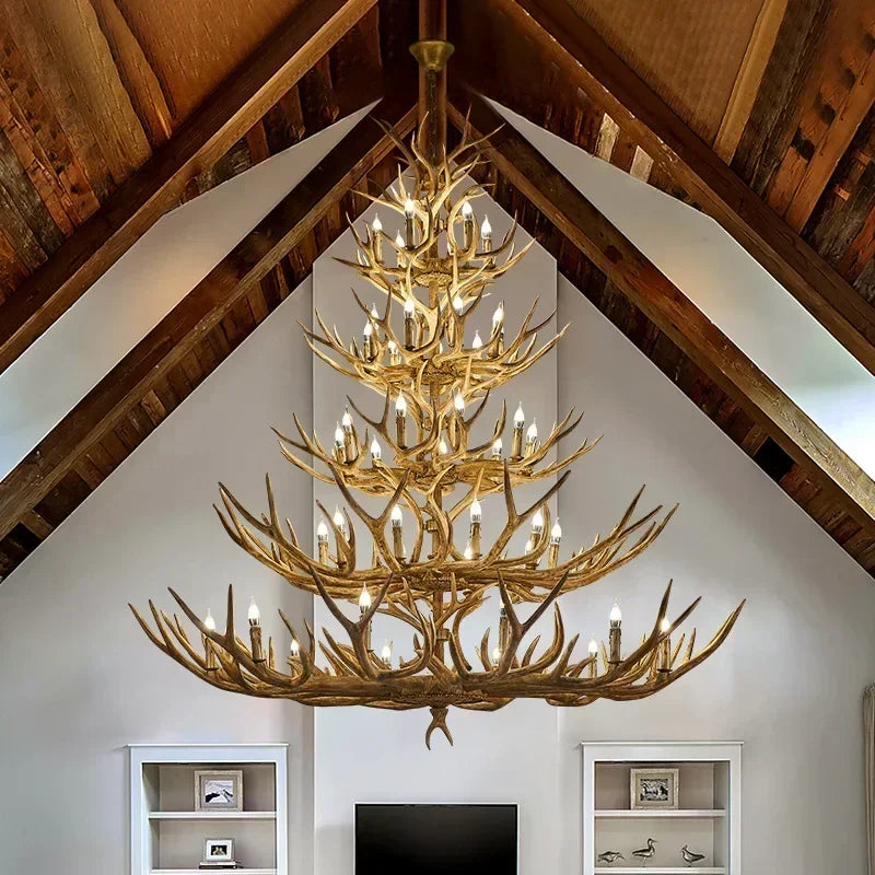 DecorBites Antler Deer Chandelier | Rustic Resin Hanging Lamp | LED Flush Mount for Living Room, Loft & Cabin Spaces