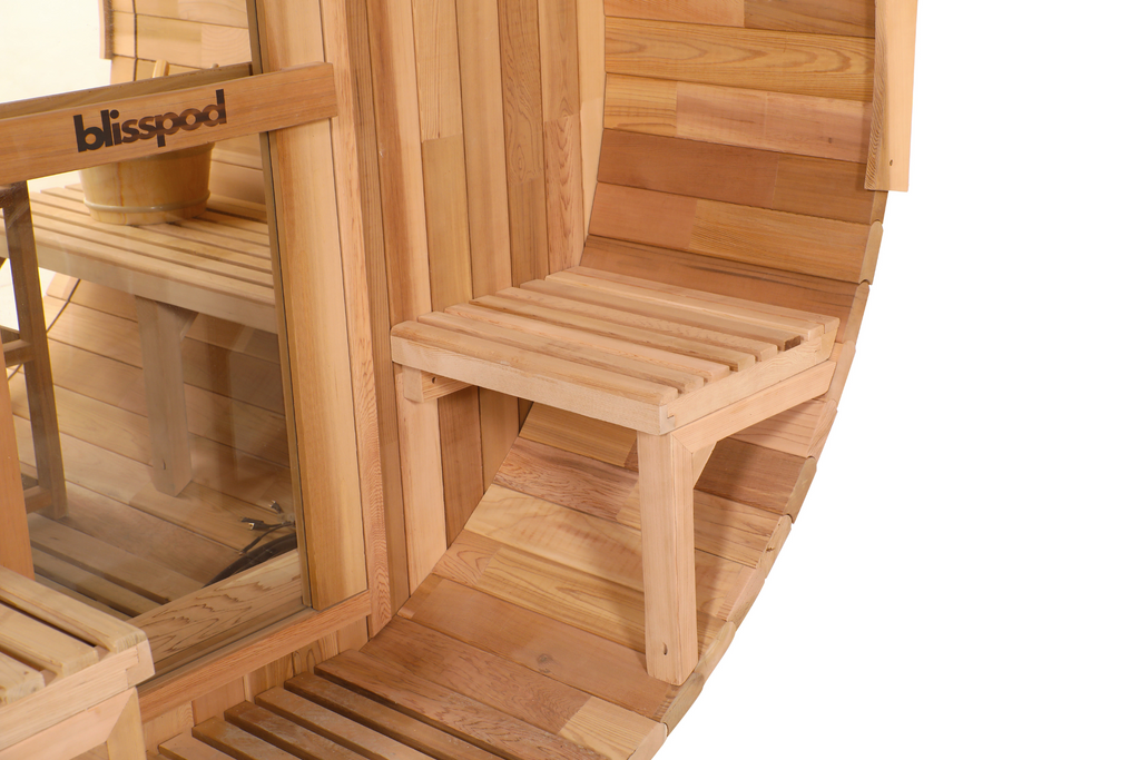 Canadian Red Cedar Barrel Sauna - Prague Model - 2-4 or 4-6 Person Outdoor Steam Sauna with Full Glass Back and Front Porch Seats