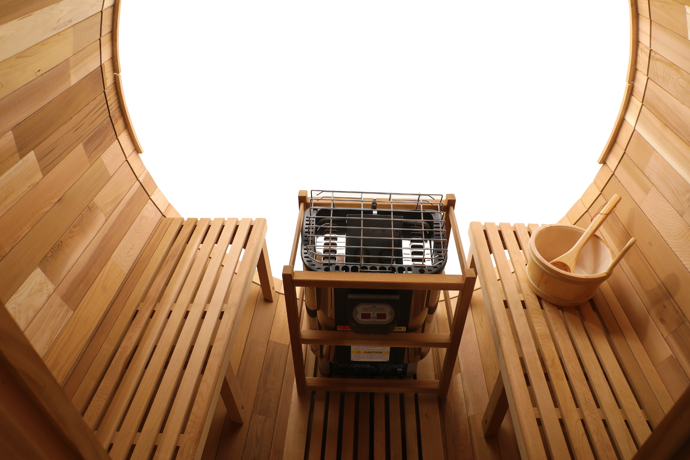 Canadian Red Cedar Barrel Sauna - Prague Model - 2-4 or 4-6 Person Outdoor Steam Sauna with Full Glass Back and Front Porch Seats