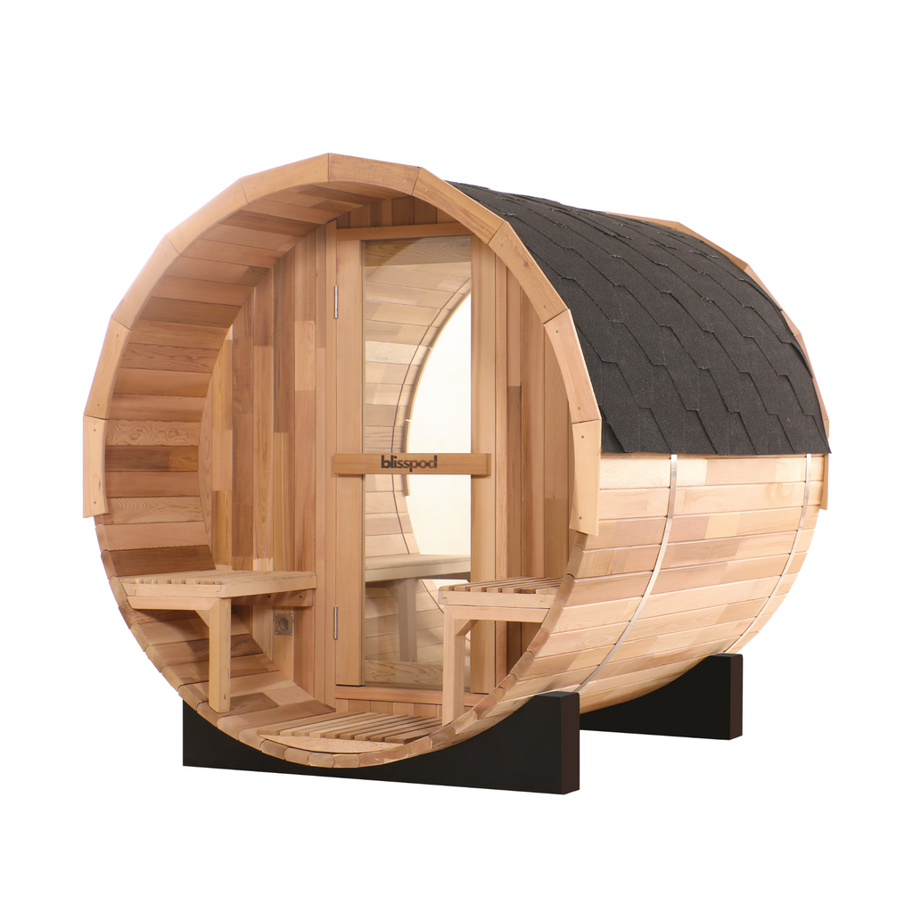 Canadian Red Cedar Barrel Sauna - Prague Model - 2-4 or 4-6 Person Outdoor Steam Sauna with Full Glass Back and Front Porch Seats