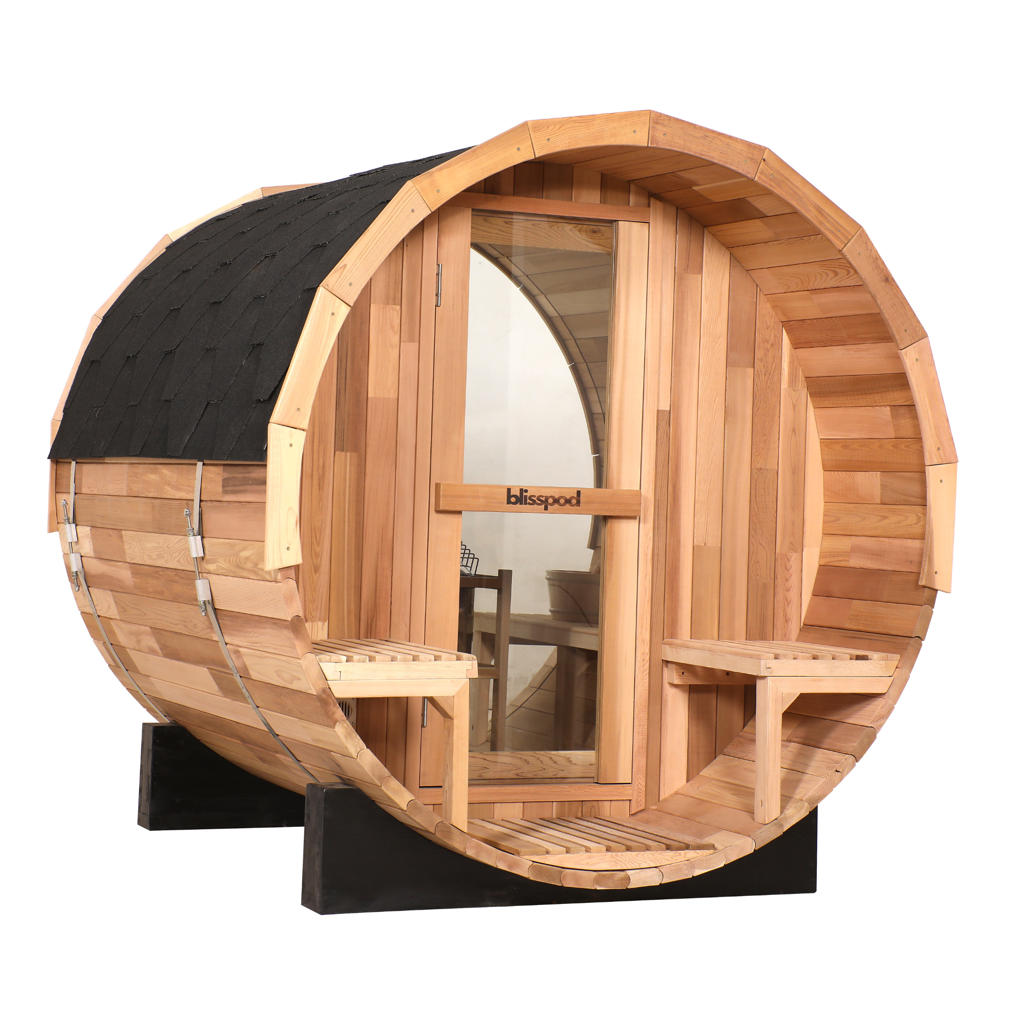 Canadian Red Cedar Barrel Sauna - Prague Model - 2-4 or 4-6 Person Outdoor Steam Sauna with Full Glass Back and Front Porch Seats