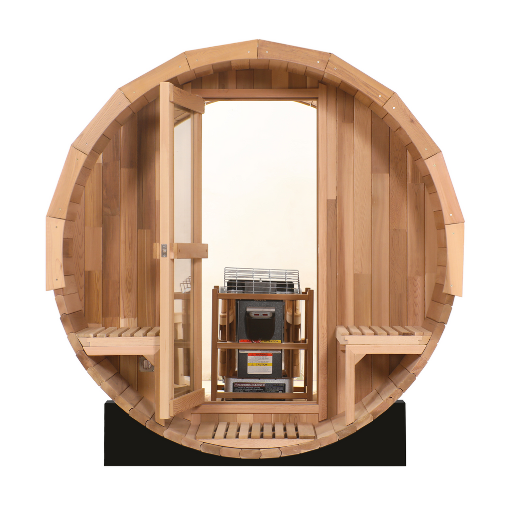 Canadian Red Cedar Barrel Sauna - Prague Model - 2-4 or 4-6 Person Outdoor Steam Sauna with Full Glass Back and Front Porch Seats