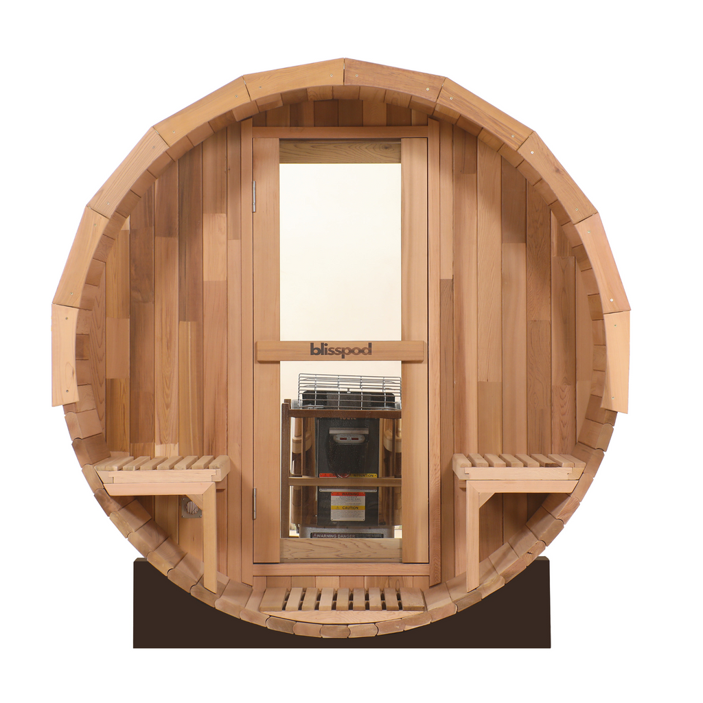 Canadian Red Cedar Barrel Sauna - Prague Model - 2-4 or 4-6 Person Outdoor Steam Sauna with Full Glass Back and Front Porch Seats
