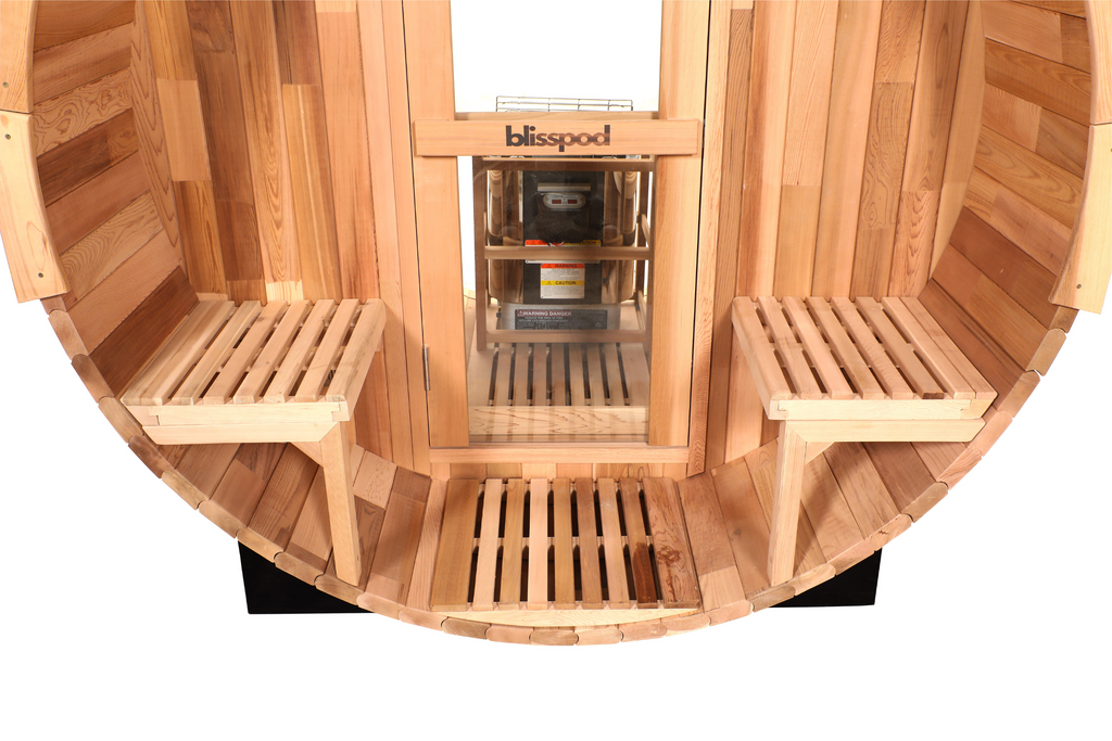 Canadian Red Cedar Barrel Sauna - Prague Model - 2-4 or 4-6 Person Outdoor Steam Sauna with Full Glass Back and Front Porch Seats