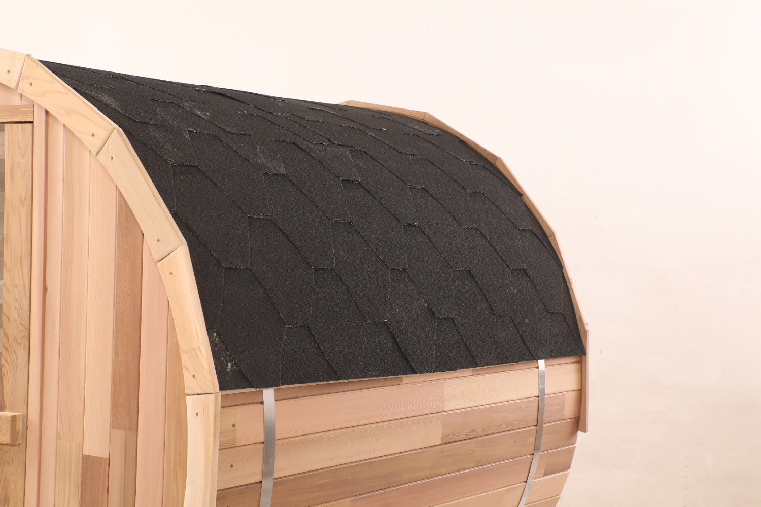 Canadian Red Cedar Barrel Sauna - Prague Model - 2-4 or 4-6 Person Outdoor Steam Sauna with Full Glass Back and Front Porch Seats