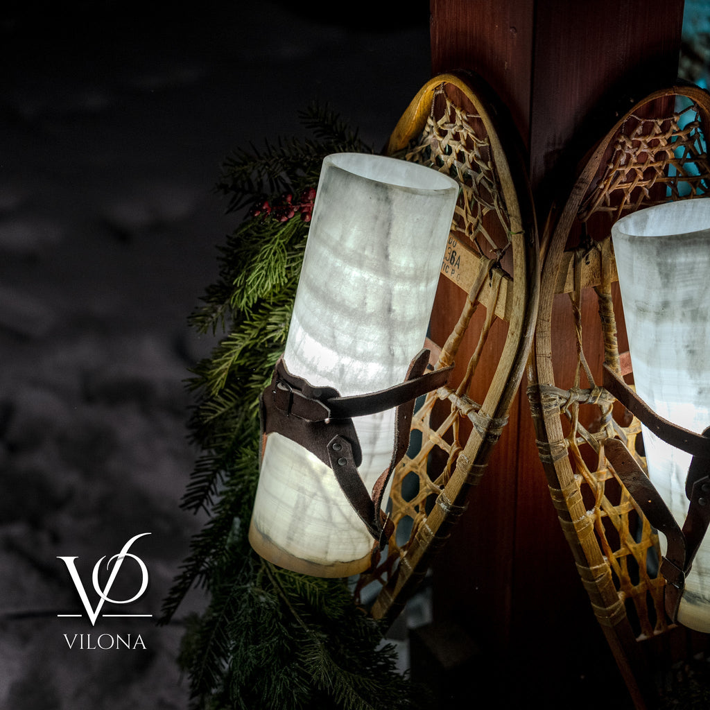 Snowshoe Wall Decoration with Ice Onyx Illuminated Lamps | Hand-Crafted Winter Wall Art with Evergreen Accents