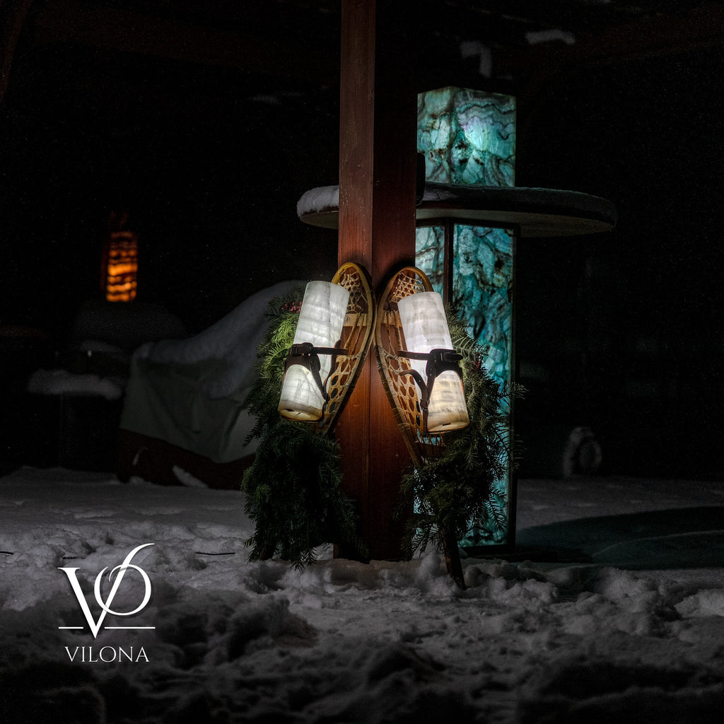 Snowshoe Wall Decoration with Ice Onyx Illuminated Lamps | Hand-Crafted Winter Wall Art with Evergreen Accents