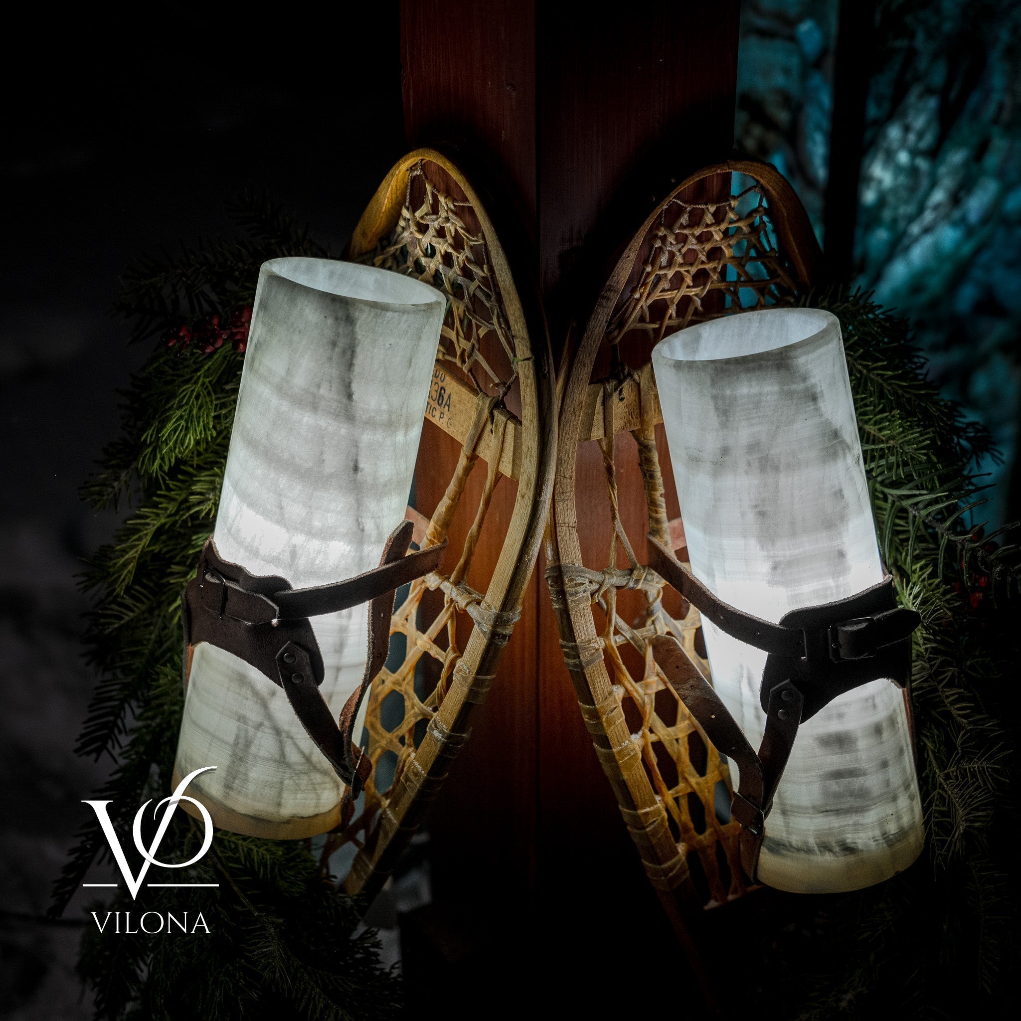 Snowshoe Wall Decoration with Ice Onyx Illuminated Lamps | Hand-Crafted Winter Wall Art with Evergreen Accents