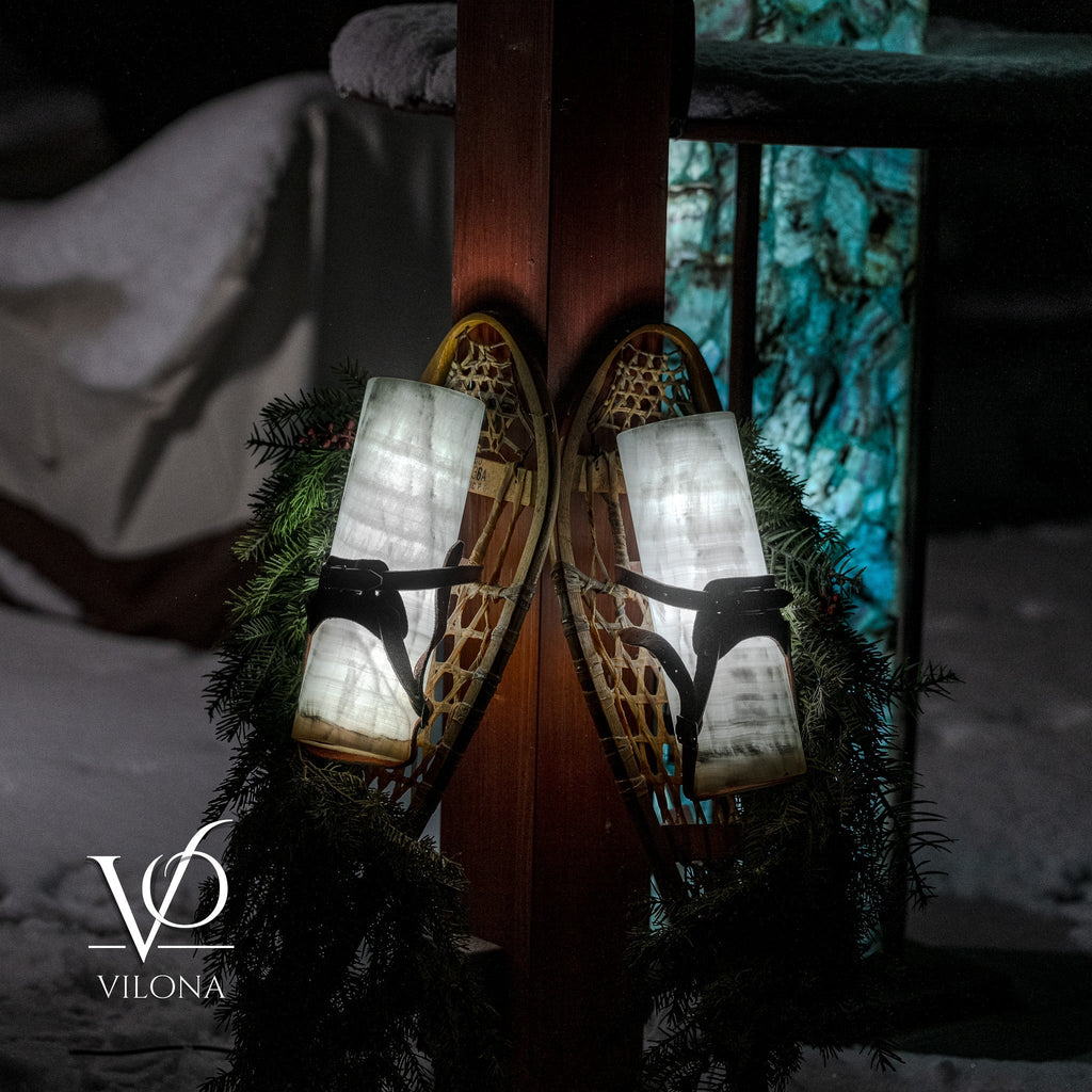 Snowshoe Wall Decoration with Ice Onyx Illuminated Lamps | Hand-Crafted Winter Wall Art with Evergreen Accents