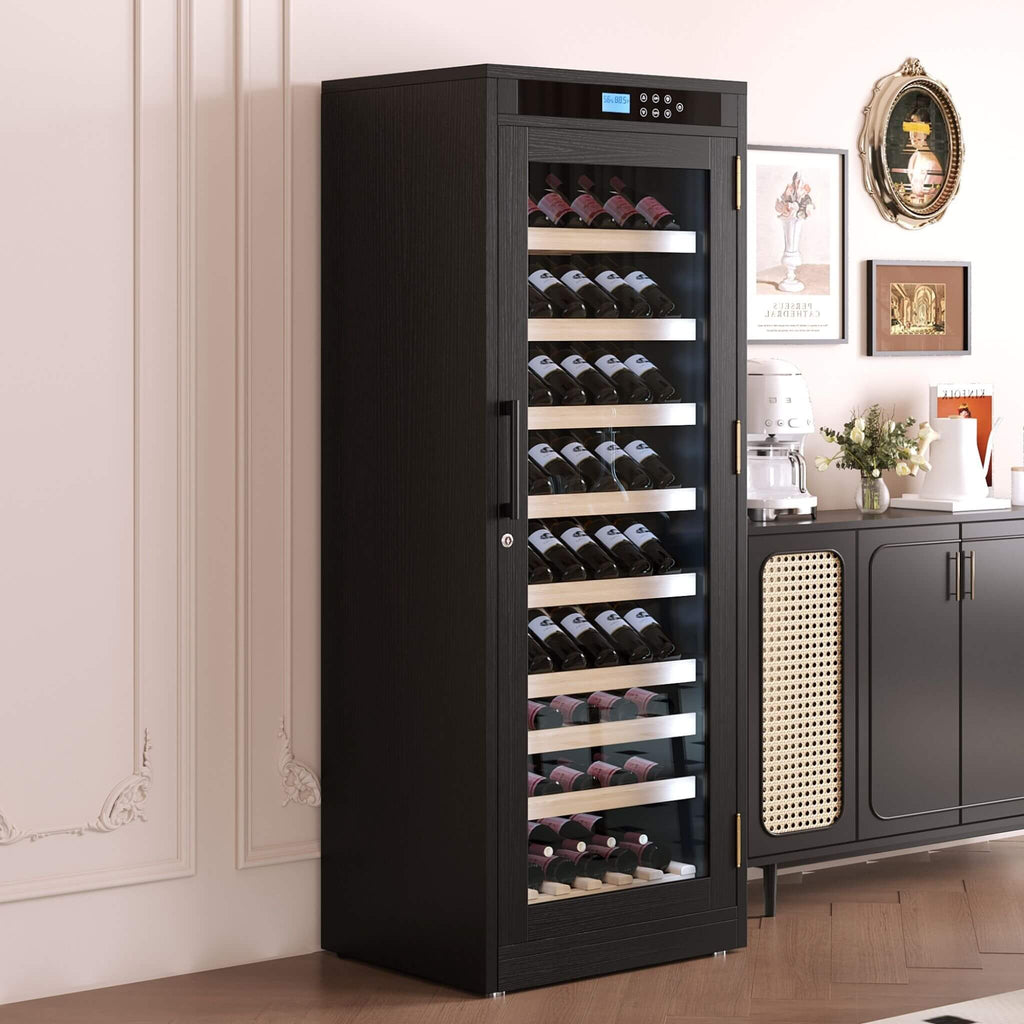 Nuvia Multi-Tier Wine Cabinet | Smart Temperature Control | Black Wood & Tempered Glass | SAK46361